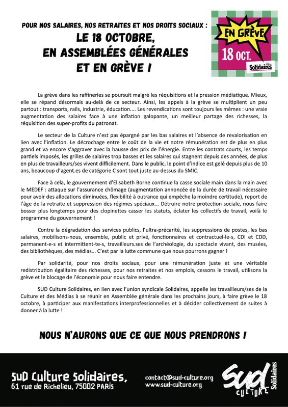 Communiqué SUD Culture 18 octobre